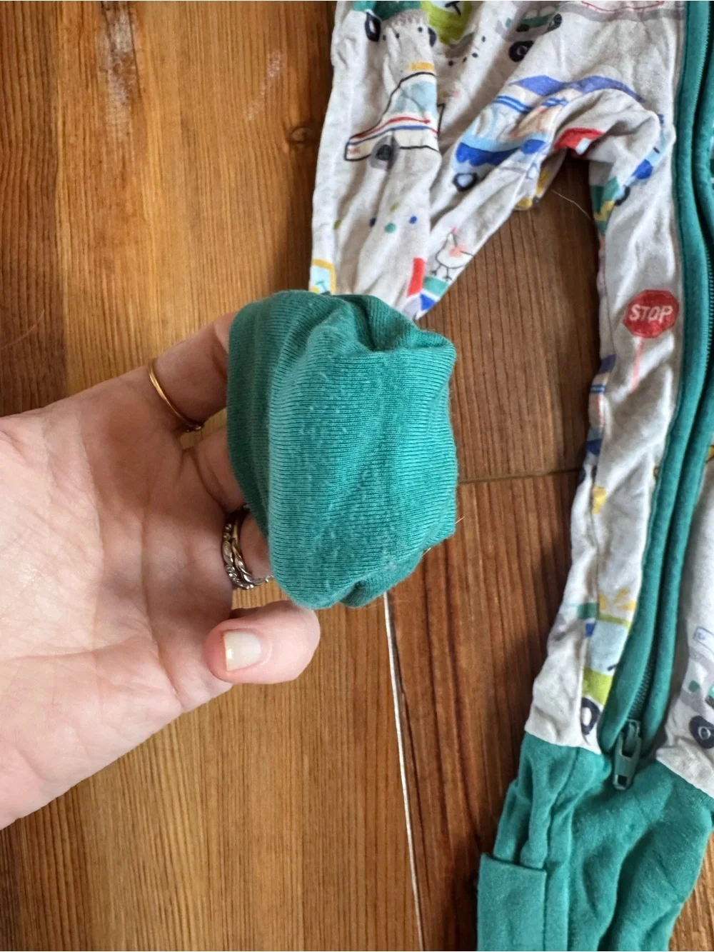 Little sleepies - 12-18 month - Footed Pajama - Teal Trim with Multicolor Trucks